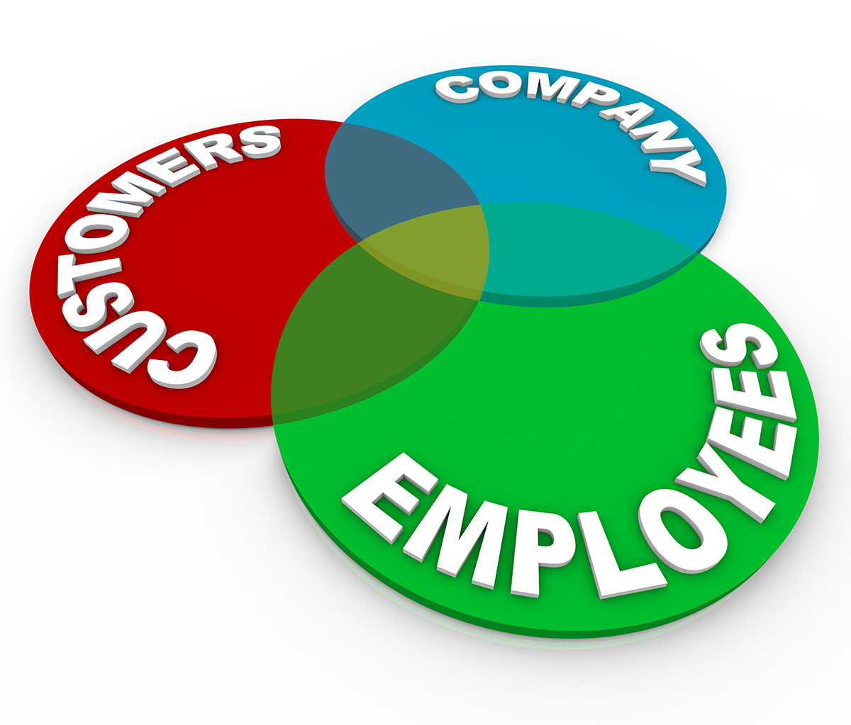 A customer service venn diagram of three circles marked Customers, Company and Employee