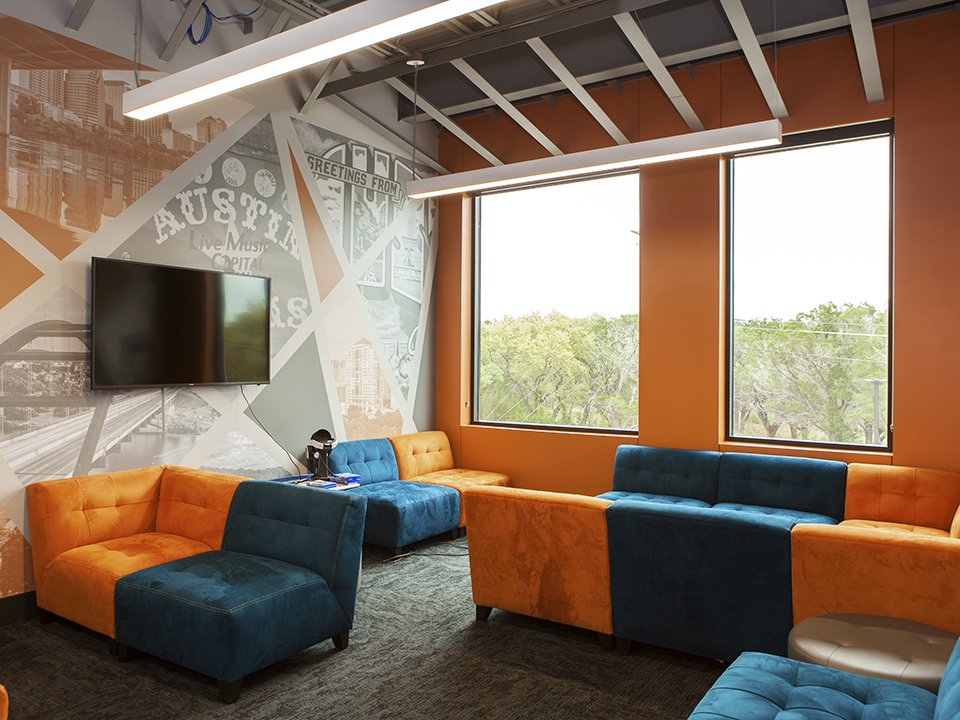 Blue and orange office meeting space