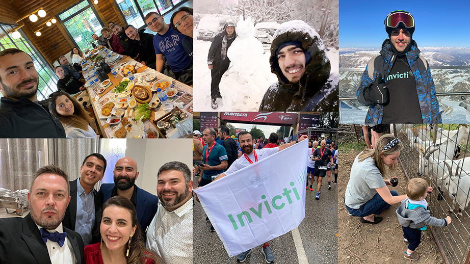 A collage of different Invicti team members doing things outside of work