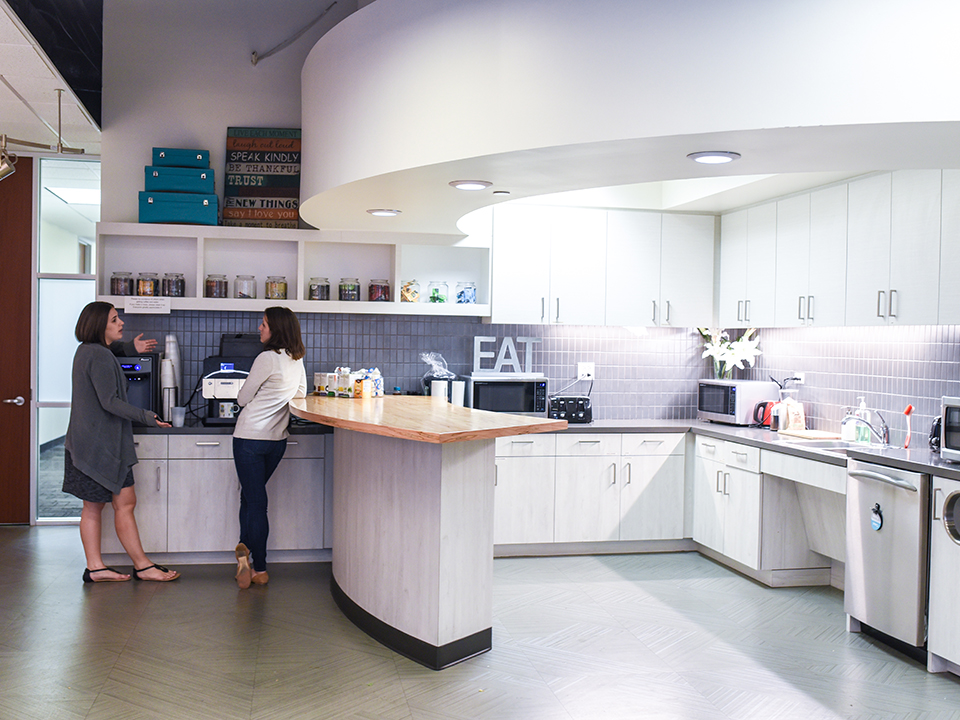 Inside Social Solutions' office kitchen in Austin