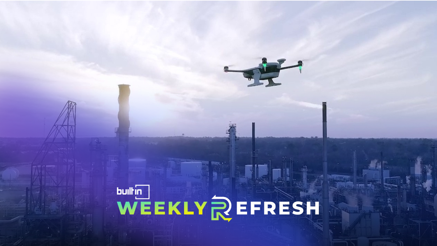 A percepto drone flies above a city. 