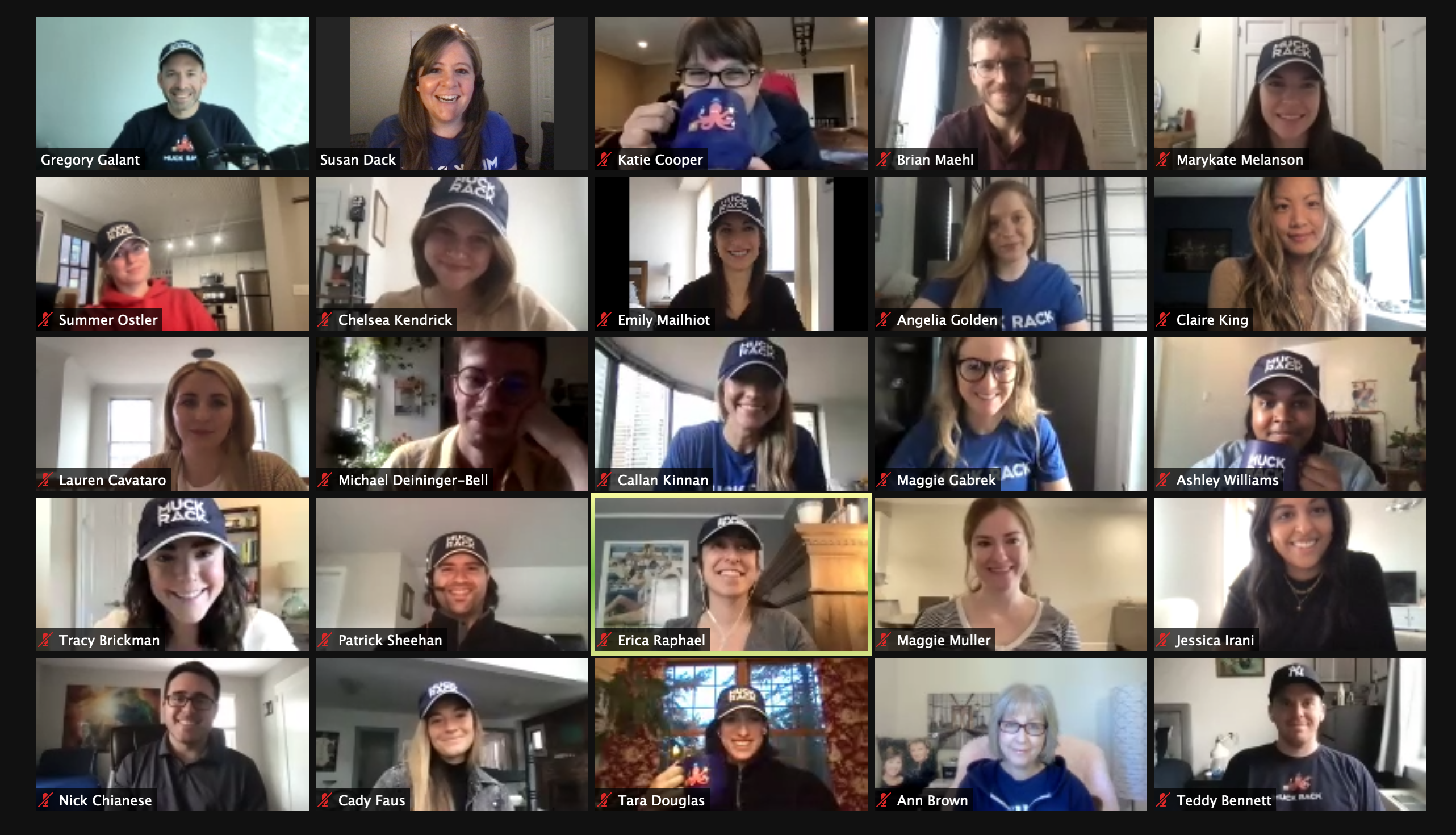 Zoom call with Muck Rack team wearing branded baseball caps