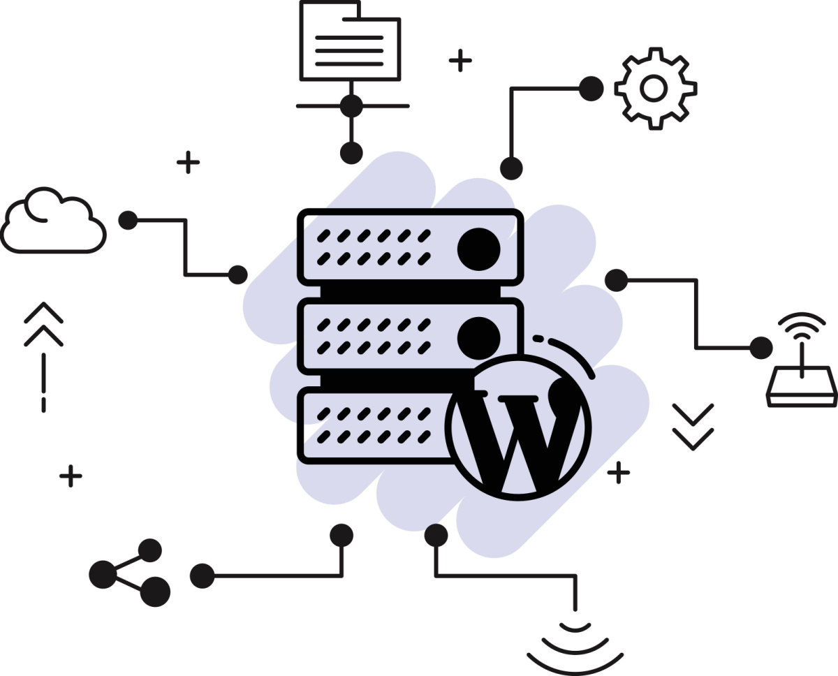 Icons related to hosting a website on WordPress. 