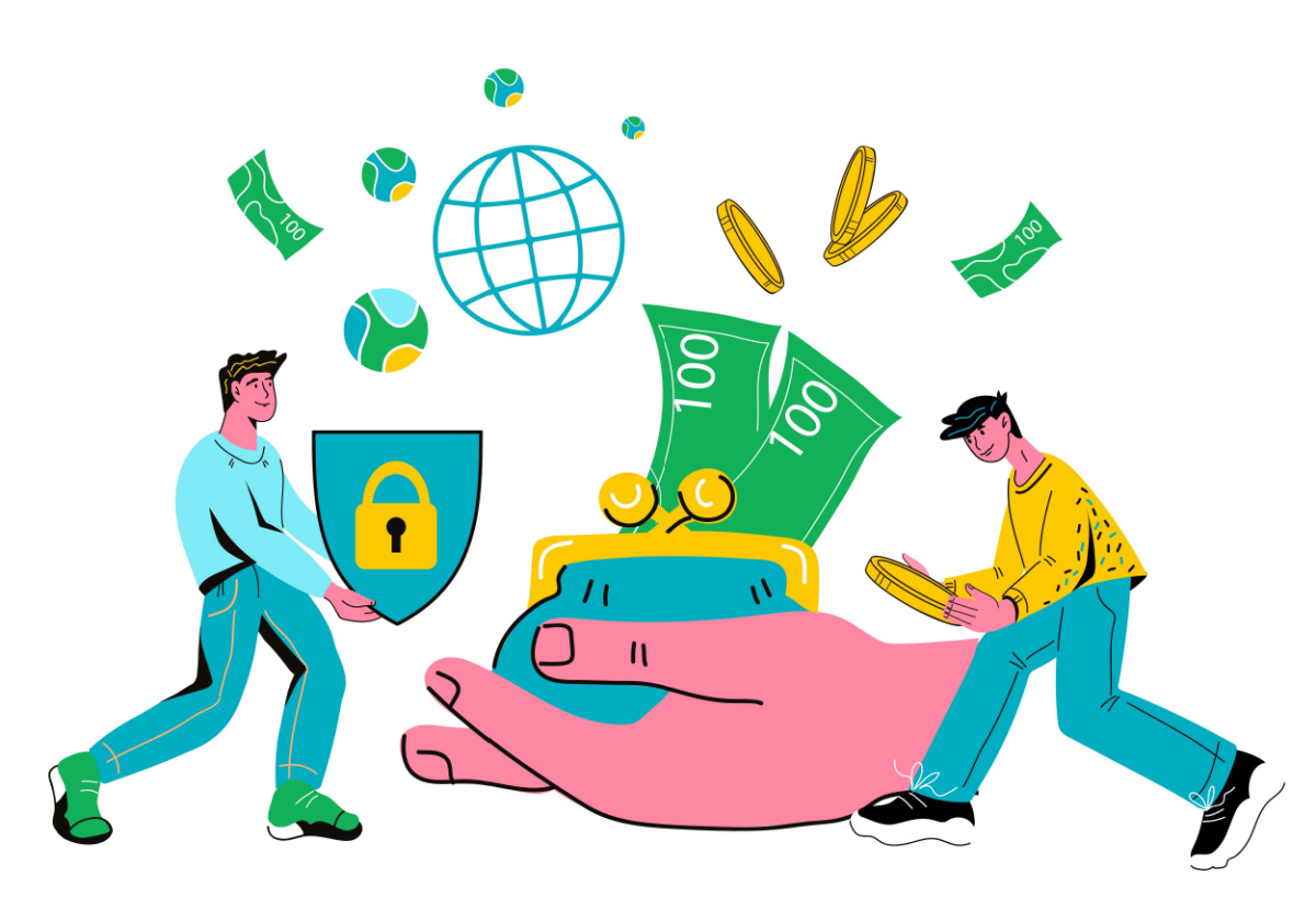 Illustrated characters holding a security shield and coins interact with a hand holding a coin purse.