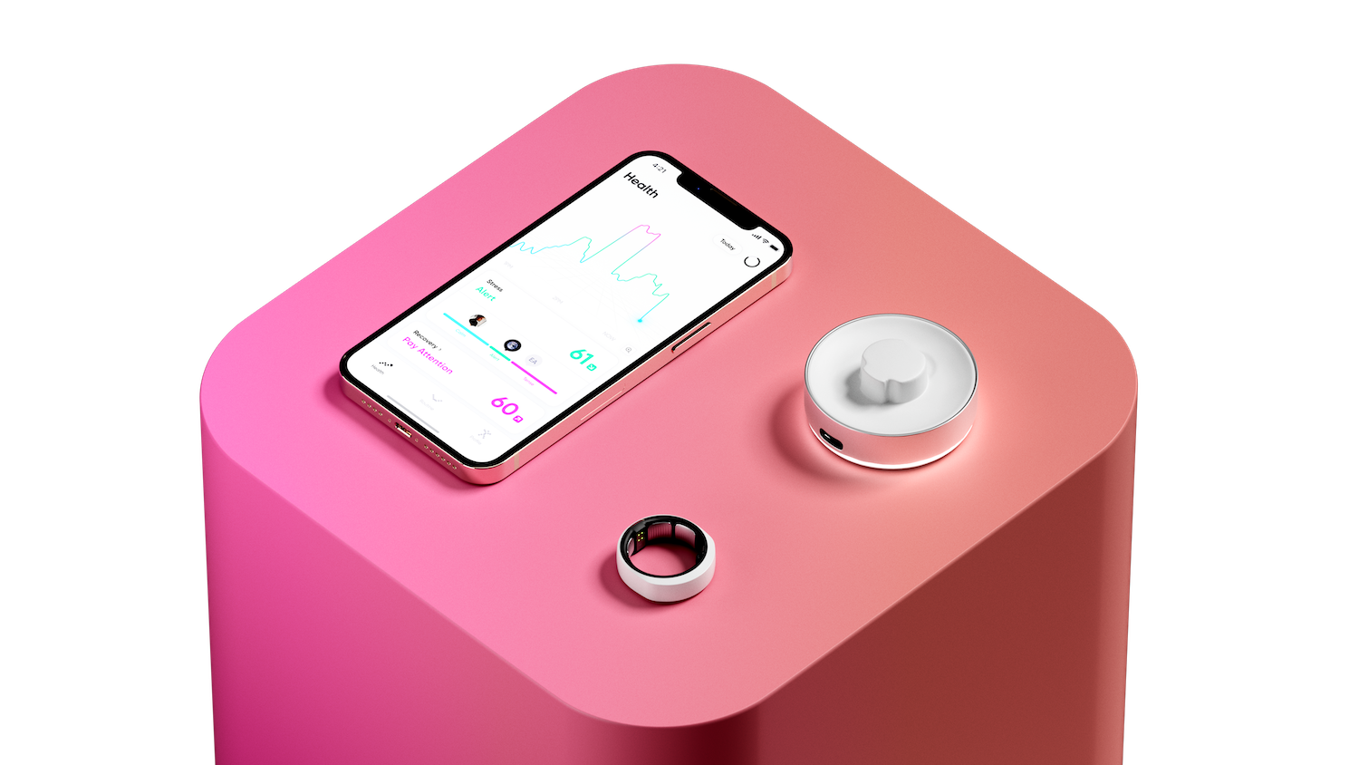 The Happy Ring, pictured with its charger and smartphone app.