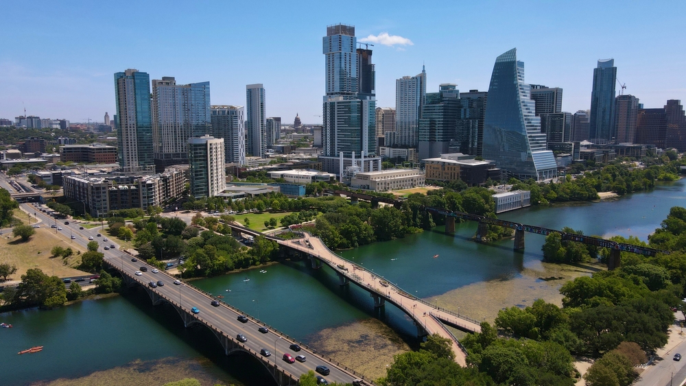An aerial view of the downtown Austin, Texas skyline.