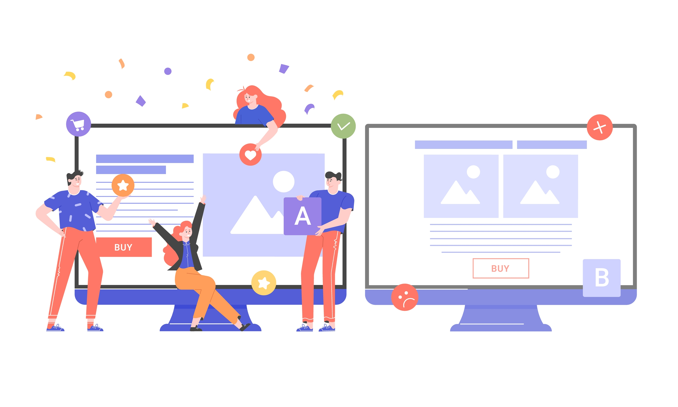 An illustration of a team A B testing a landing page