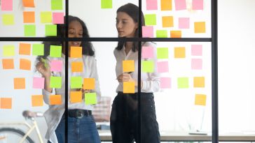 Image of coworkers discussing workflow laid out with sticky notes on a glass conference room wall.