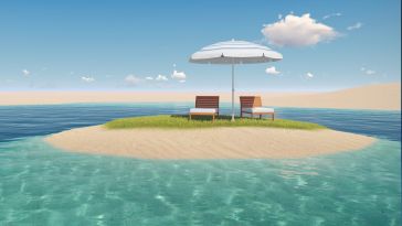 Island with chairs and umbrella surrounded by crystal clear water
