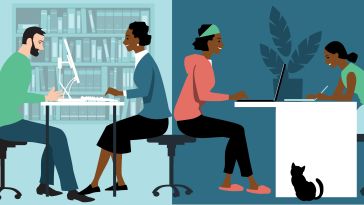 Two sets of illustrated people work in iin-office and home-office environments