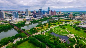 An aerial photo of Zilker Park in Austin