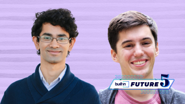 Photos of PetPair co-founders Aanandh Chandrasekar and Daniel Miyares in front of a purple background