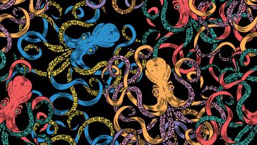 A colorful image of octopi. 