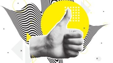 Photo collage of a hand giving thumbs up in front of a yellow circle and striped wavy background.