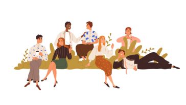 An illustration shows people sitting around bushes and leaves and talking to one another