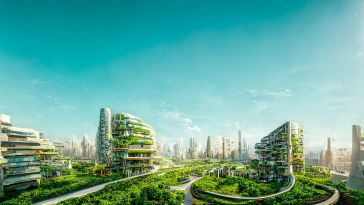 Rendering of a futuristic eco-friendly, green city