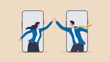 Graphic illustration of two phone screens with a person popping out of each to give each other a high five