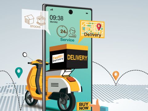 An illustration of a delivery scooter making stops on a map.
