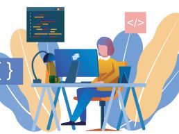 An illustration of a woman sitting and coding